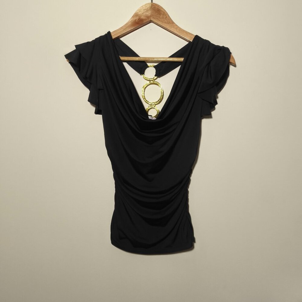 y2k Wet Seal Ruched Low Back Flutter Sleeve Chain Top sz XS/S Black It Girl